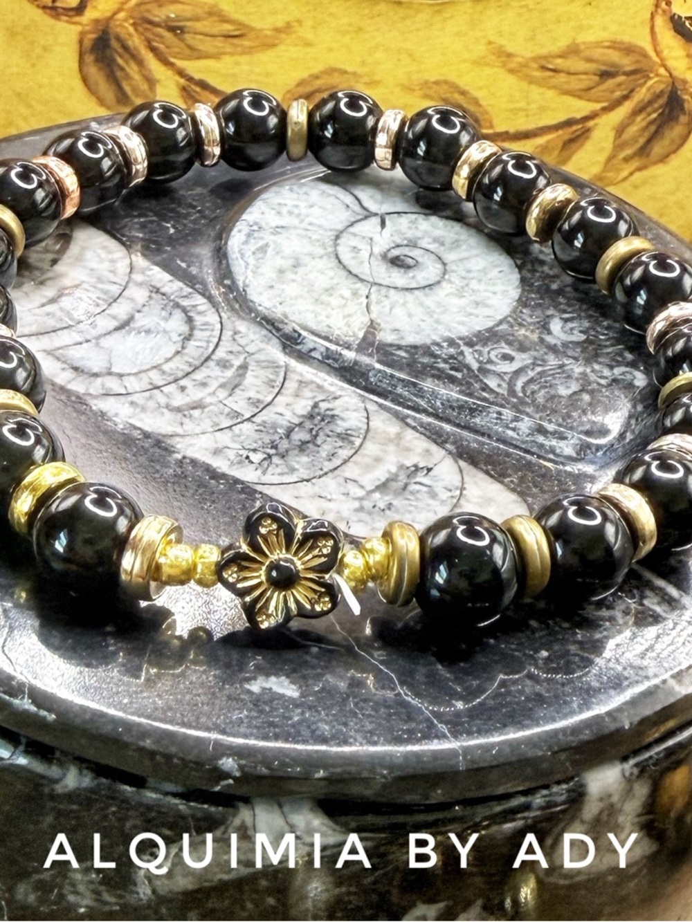 ONYX + 8mm + Glass Bead Bracelet with Gold Accent Bead ART DECO